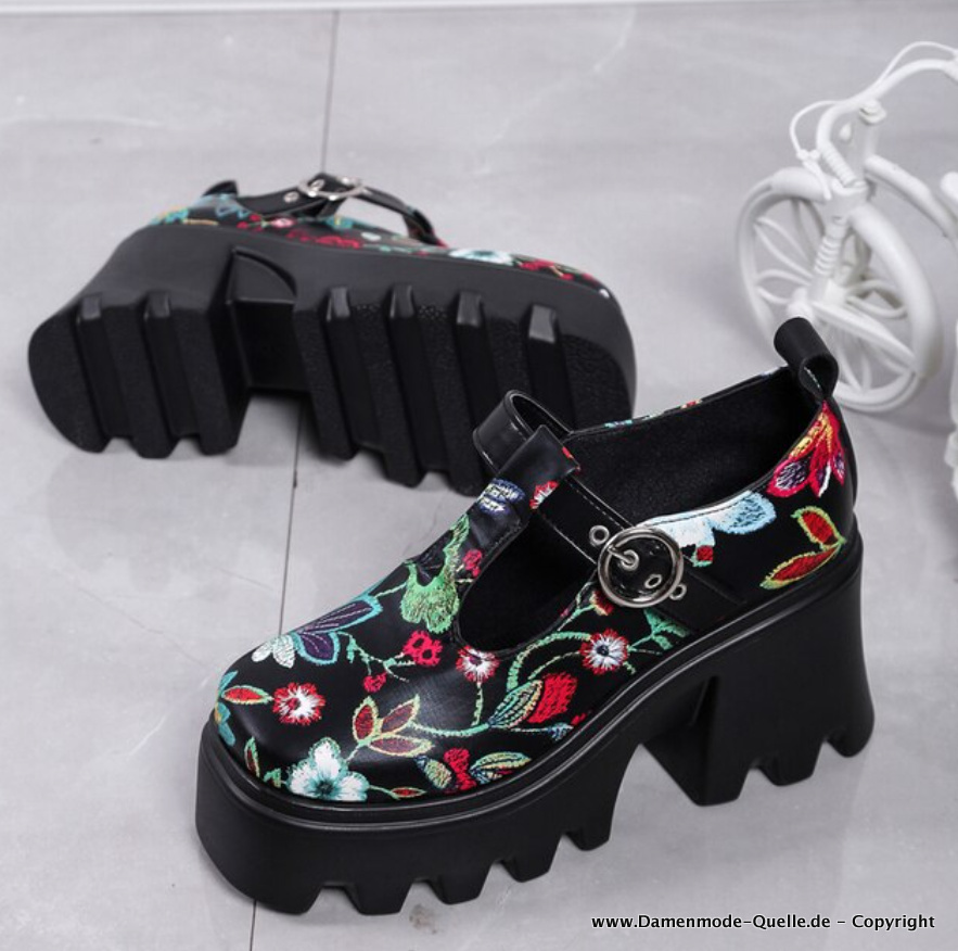 Mary Jane Damen Schuhe Schwarz mit Blumenmuster
