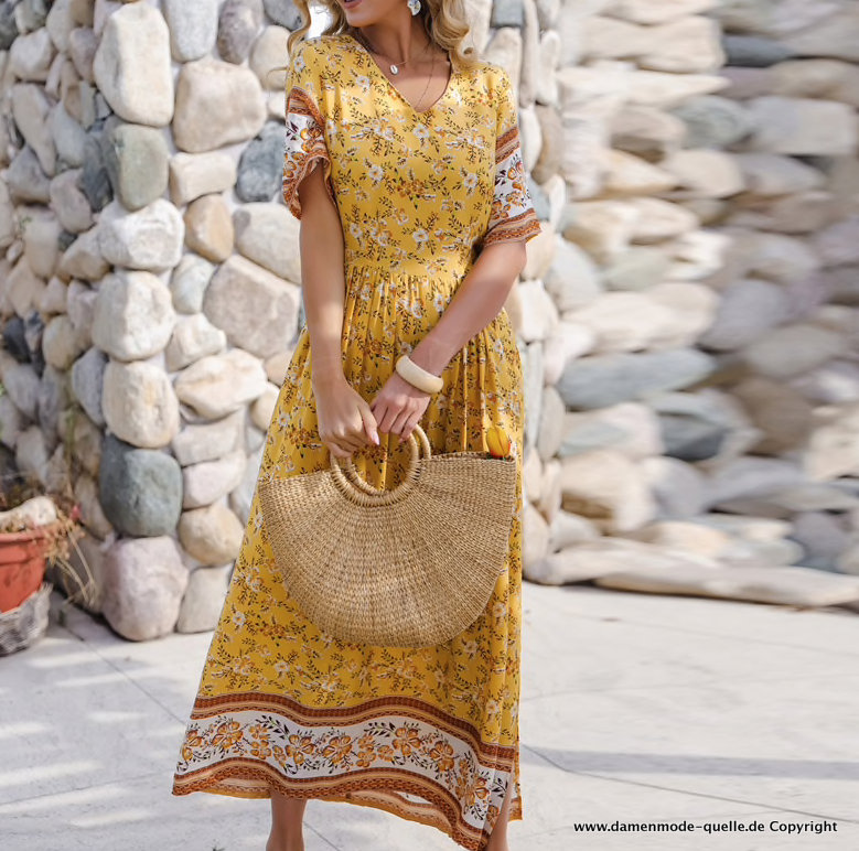 Maxi Boho Sommerkleid in Gelb mit Blumenmuster