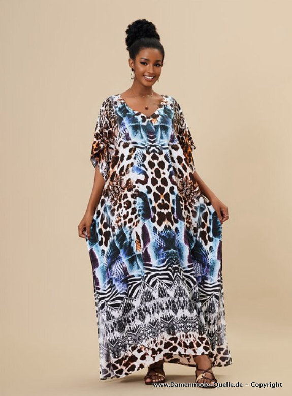 Maxi Sommer Strandkleid mit Fledermausärmel Tigermuster