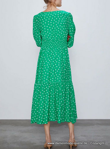 Maxi Sommerkleid mit Laternenärmel in Grün Gepunktet