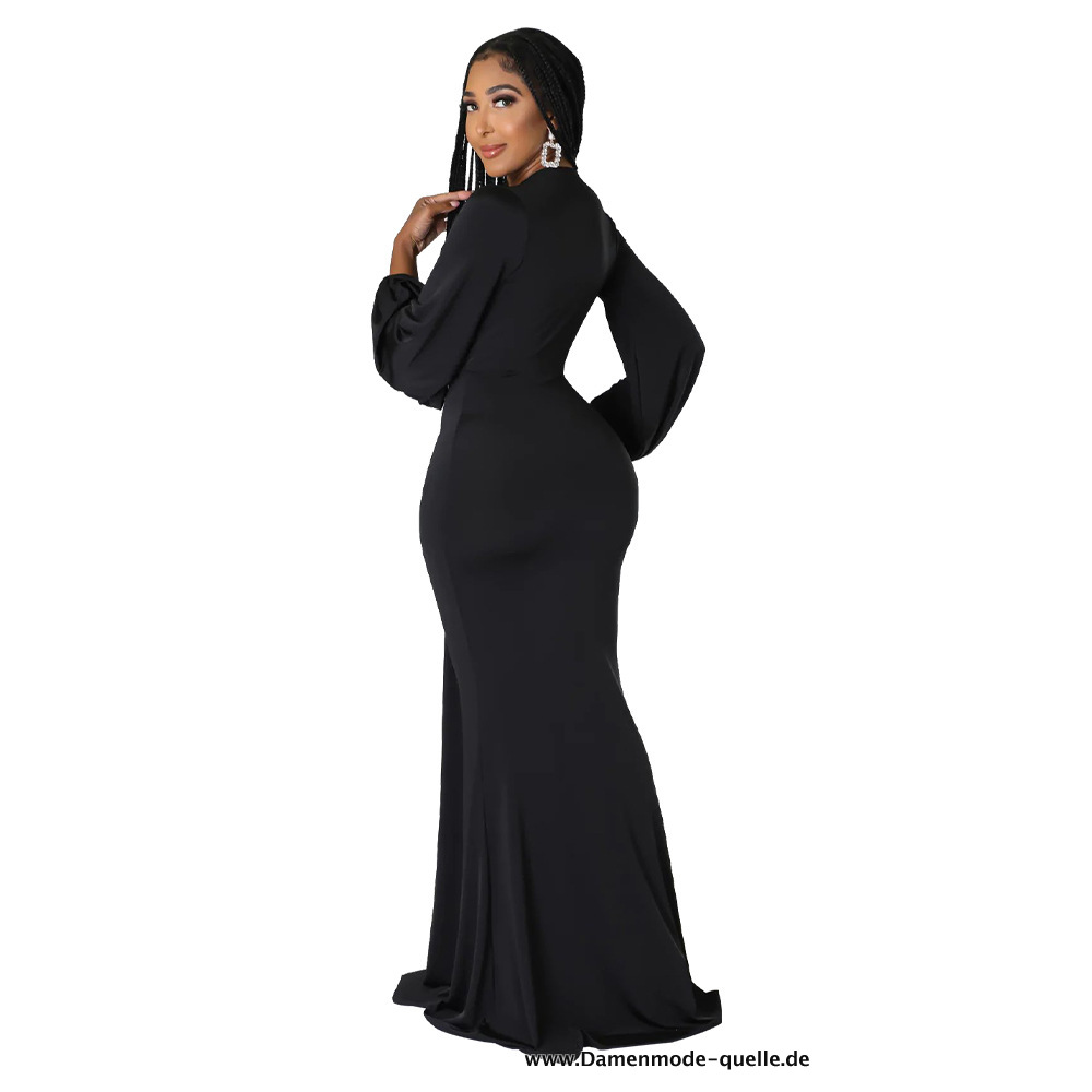 Meerjungfrau Maxi Kleid Sexy mit V Ausschnitt in Schwarz