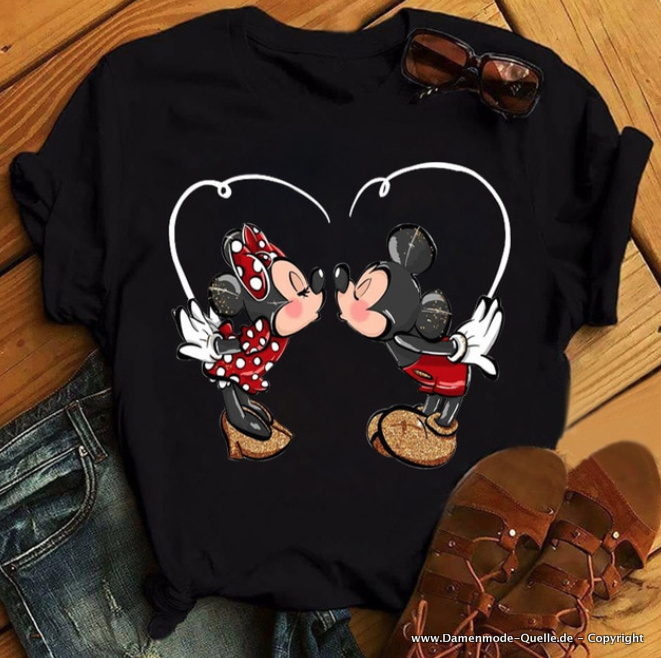 Mickey und Minnie Love Damen T-Shirt in Schwarz