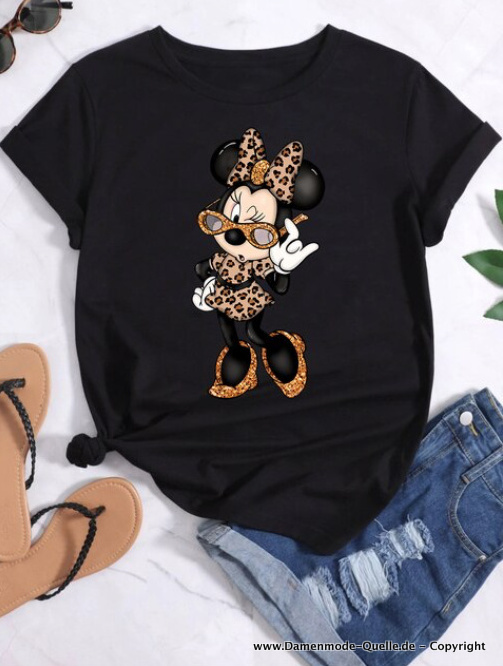 Minnie mit Sonnenbrille Print Damen T-Shirt in Schwarz