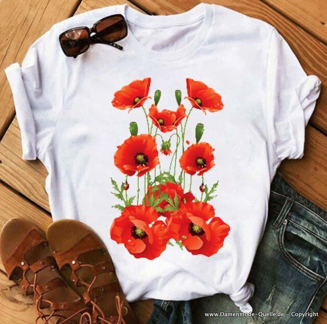 Mohnblumen Print Damen T-Shirt in Weiß