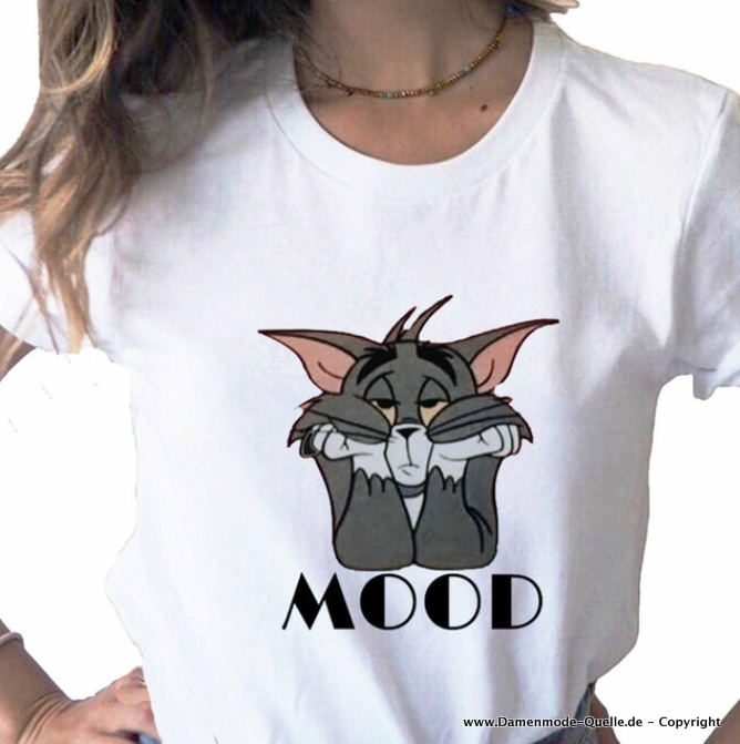 Mood Cartoon Print Damen T-Shirt in Weiß