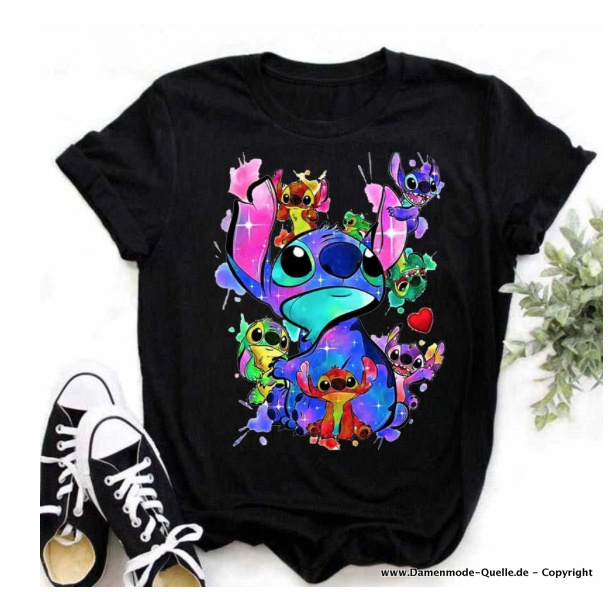 Multicolor Stitch Print Damen T-Shirt in Schwarz
