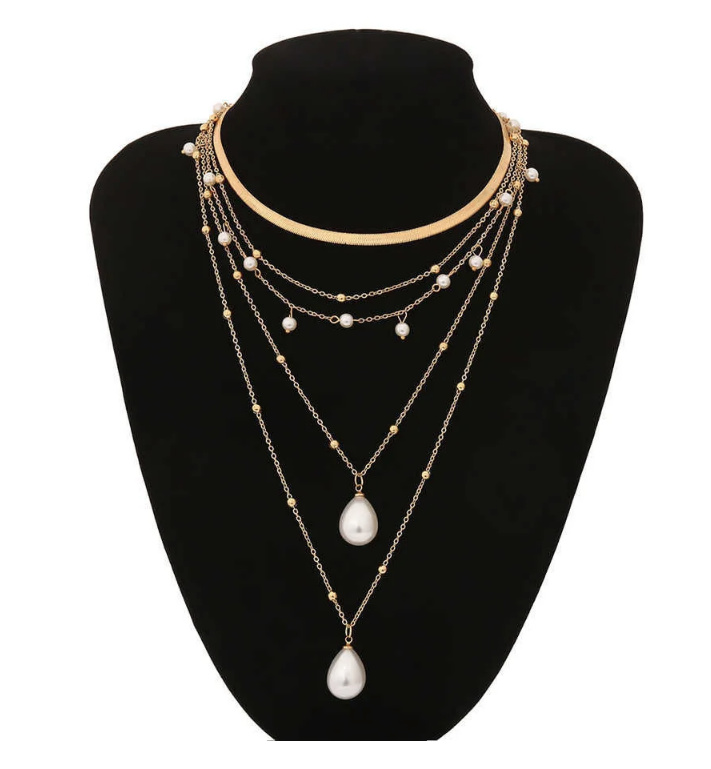 Multilayer Damen Perlen Halskette Gold