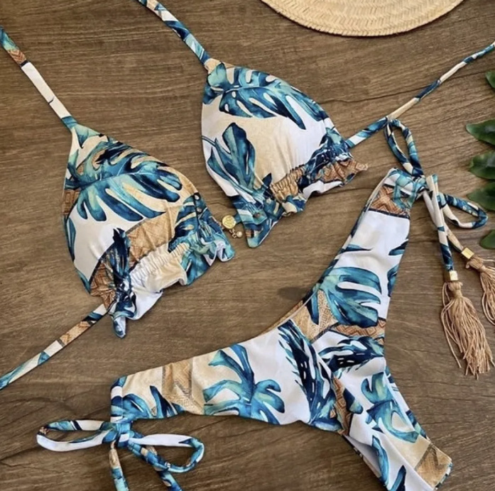  Neckholder Träger Tanga Bikini Lovis mit Palmenmuster