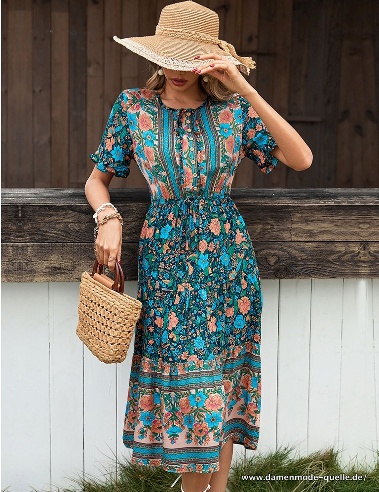 Neu In Sommer Viskose Kleid für Frauen Kurzarm Midi Länge 