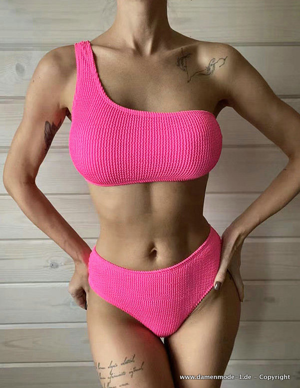 One Shoulder Bikini in Pink Gerippt