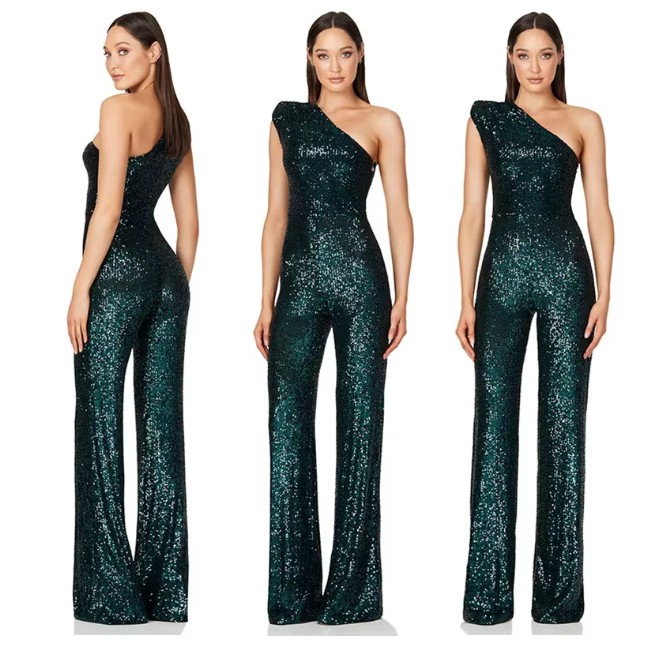 One Shoulder Glitzer Einteiler Jumpsuit Elegant und Festlich in Dunkelgrün