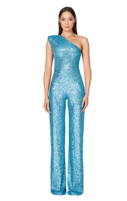 One Shoulder Glitzer Einteiler Jumpsuit Elegant und Festlich in Hellblau