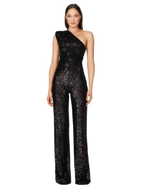 One Shoulder Glitzer Einteiler Jumpsuit Elegant und Festlich in Schwarz