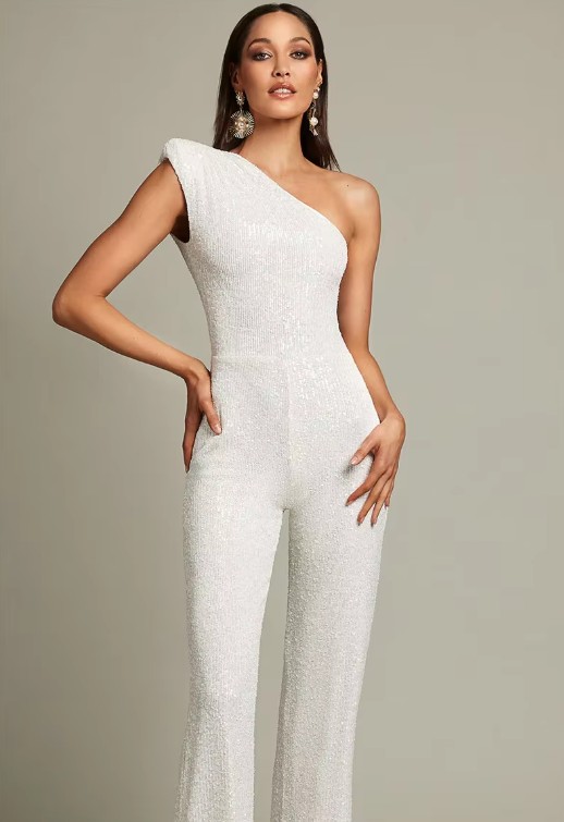 One Shoulder Glitzer Einteiler Jumpsuit Elegant und Festlich in Weiß