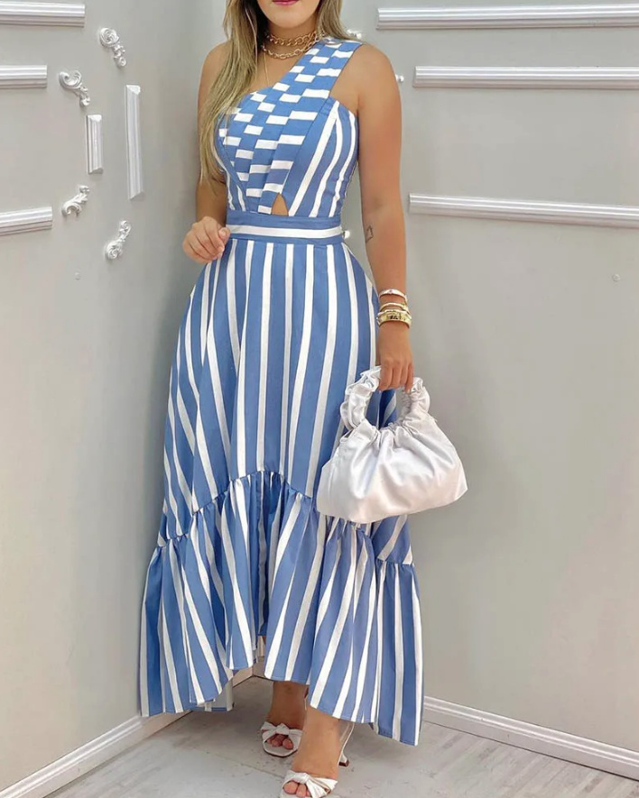 One Shoulder Maxi Sommerkleid Blau Weiß Gestreift Lang