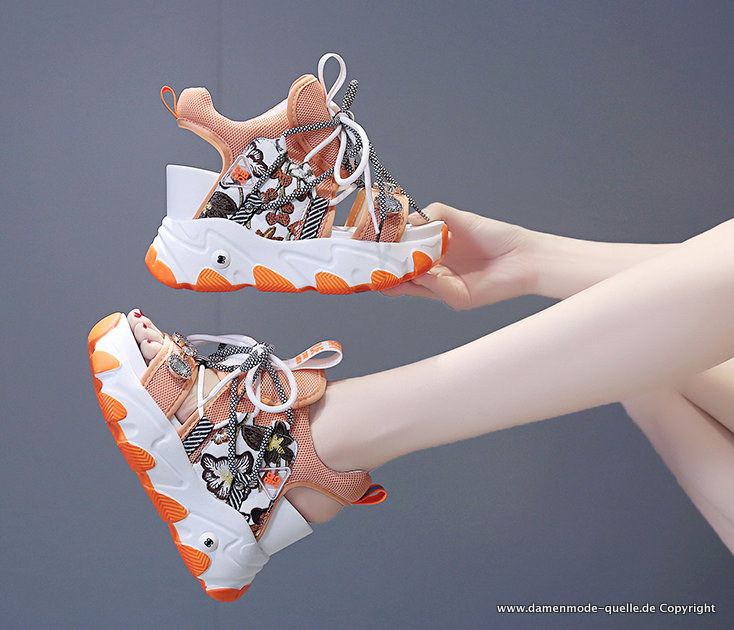 Open-Toe Strass Sport Sommer Sandalen mit Blumen in Orange