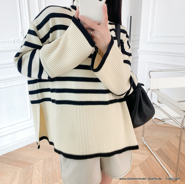 Over Size Strickpullover mit Rollkragen in Creme Schwarz