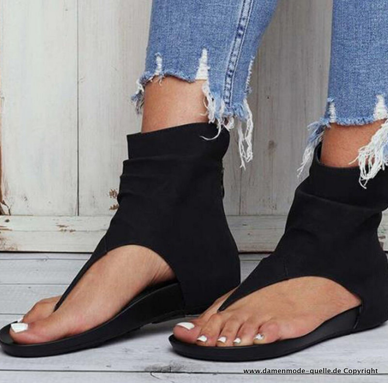 PU Leder Hohe Sommer Flip Flops für Damen Schwarz