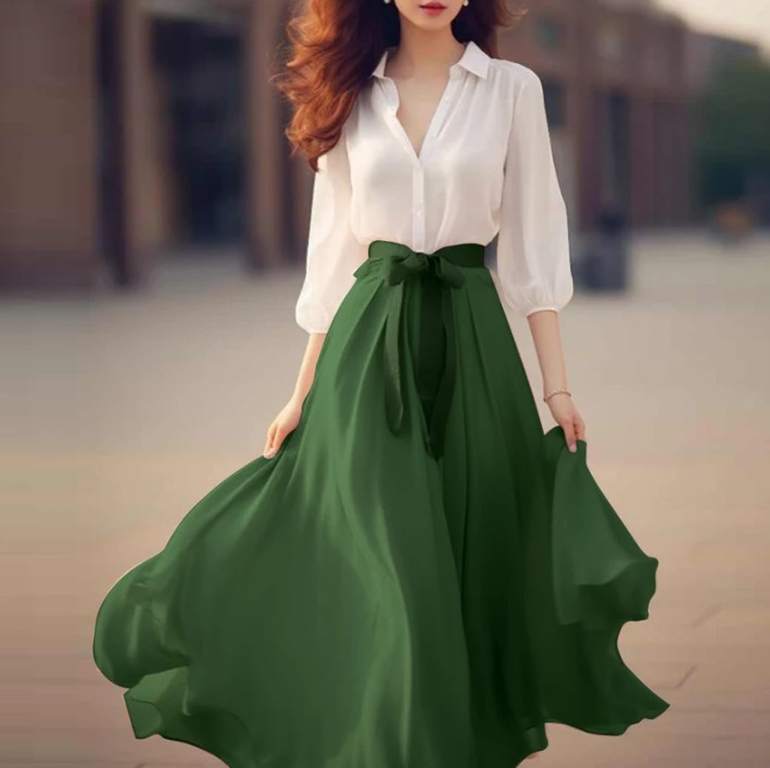 Patchwork Chiffon Sommerkleid Elegant in Weiß Grün