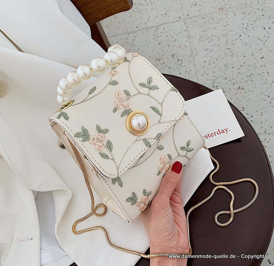 Perlen Riemen Leder Luxus Handtasche mit Blumenmuster