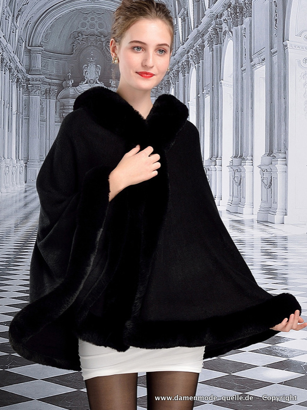 Plüsch Kunstpelz Cape Poncho mit Kapuze in Schwarz