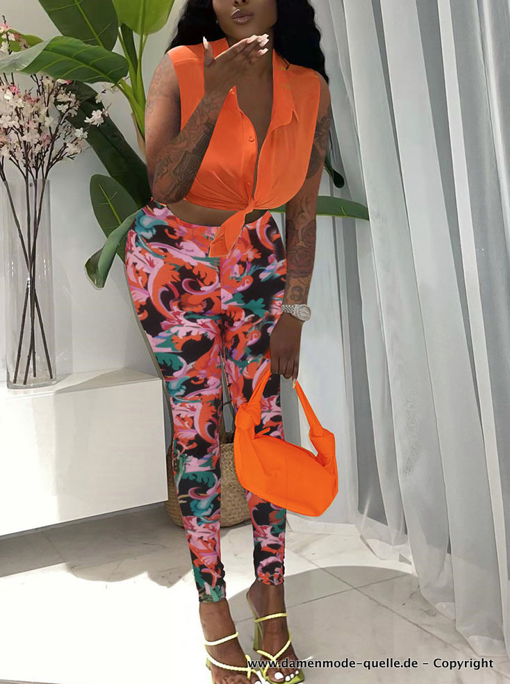 Print Sommer Outfit Zweiteiler für Damen Leggings mit Crop Bluse im Set Orange
