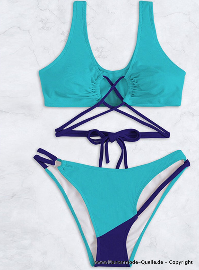 Push Up Bikini 2023 mit Kreuzträger und Kontrast Farben Blau