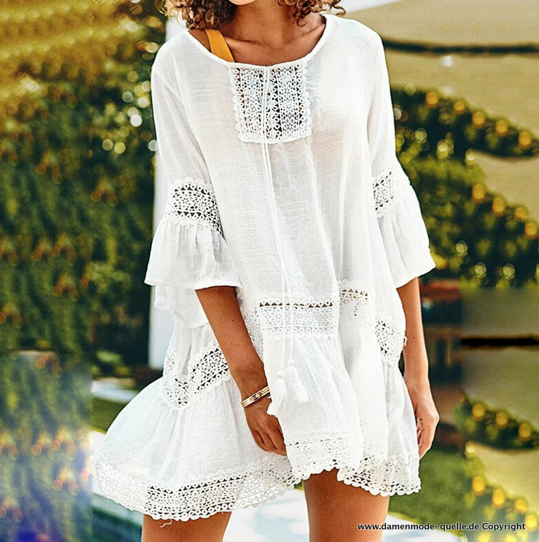 Rayon Boho Sommer Tunika Kleid Weiß