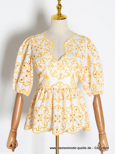 Retro Vintage Style Damenbluse Weiss Gelb