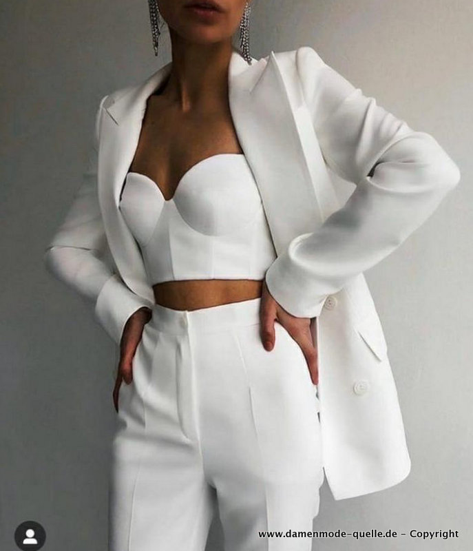 Revers Hosenanzug für Damen Elegant in Weiß Outfit