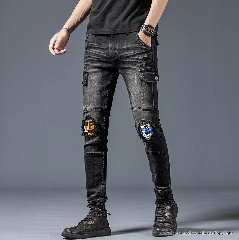 Ripped Herren Gerade Jeans mit Multi Taschen in Schwarz
