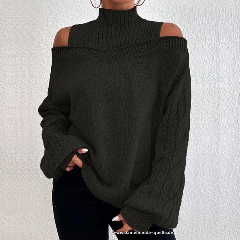 Rollkragenpullover Sexy Cut Out Lange Ärmel Schwarz