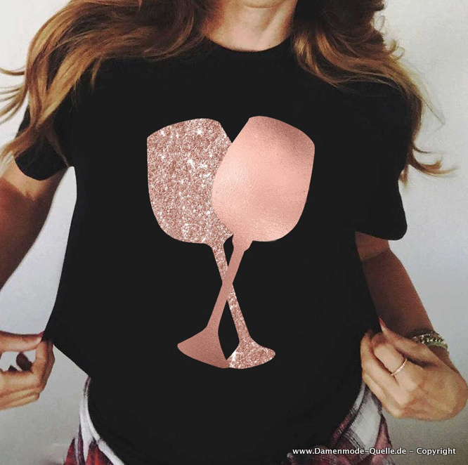 Rose Gold Weingläser Damen Sommer T-Shirt in Schwarz