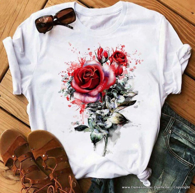 Rote Rosen Print Damen T-Shirt in Weiß