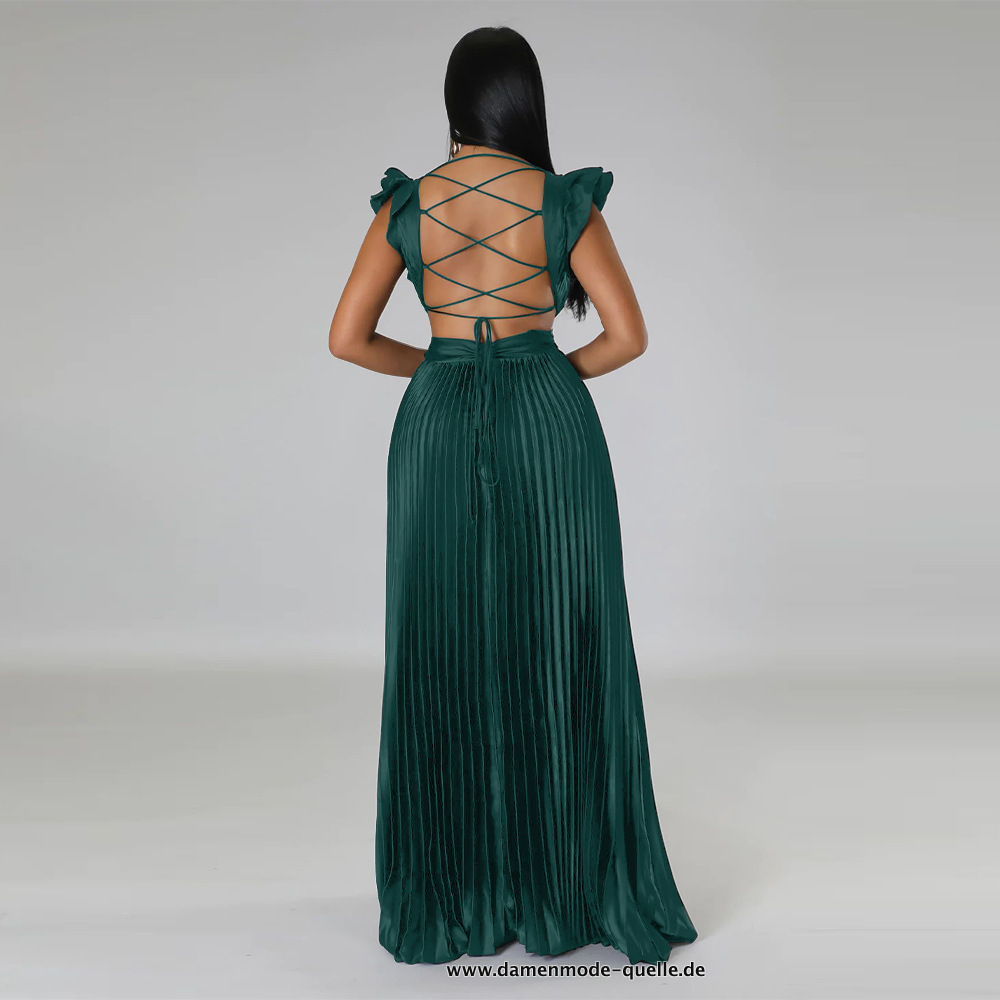 Rückenfreies V-Ausschnitt Plissee Kleid in Grün