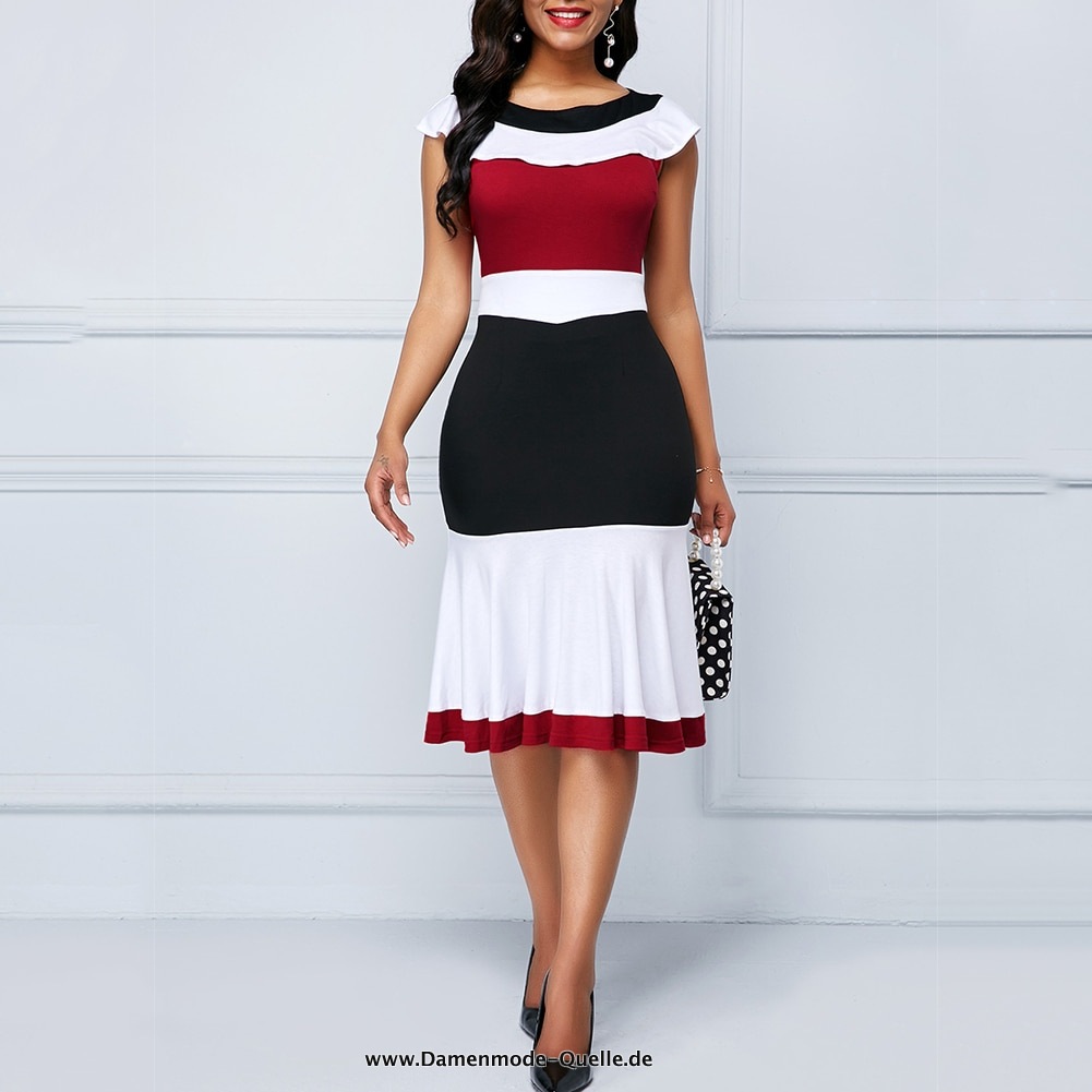 Rundhals Büro Damen 2023 Kleid in Schwarz Rot