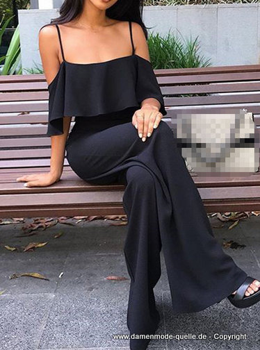 Rüschen-Overall Jumpsuit mit weitem Bein in Schwarz