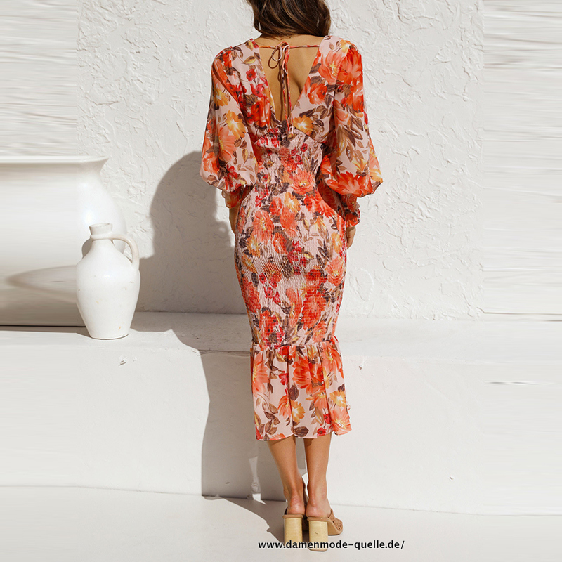 Rüschen Party Kleid Sommer mit V-Ausschnitt Midikleid