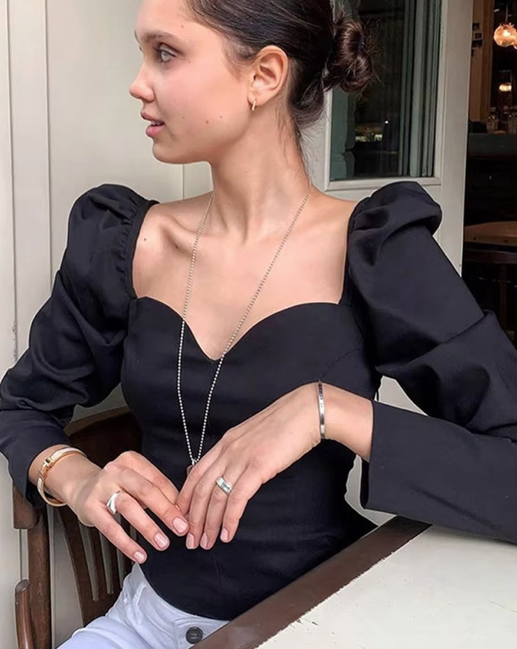 Satin Damenbluse Elegant mit Puff Ärmel in Schwarz