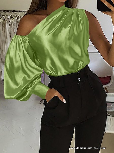 Satin One Shoulder Bluse Elegant Damen Grün