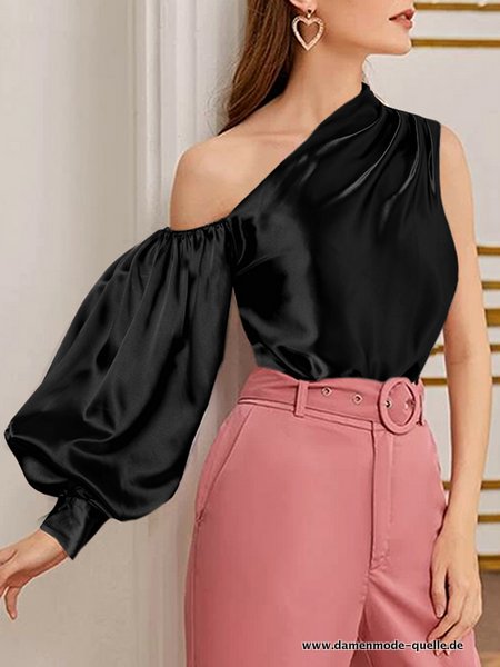 Satin One Shoulder Bluse Elegant Damen Schwarz