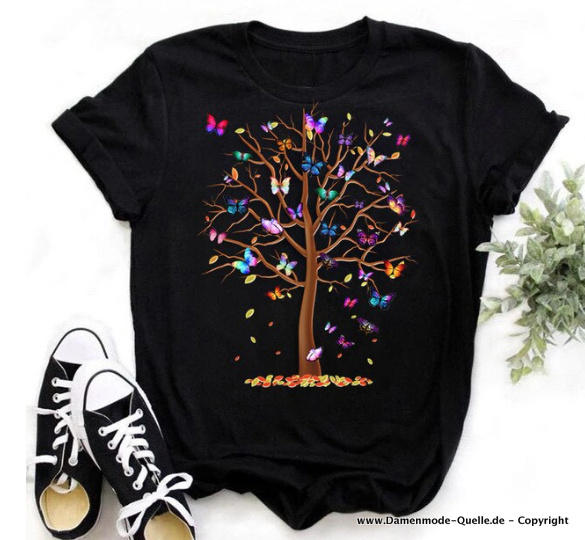 Schmetterling Baum Print Damen T-Shirt in Schwarz