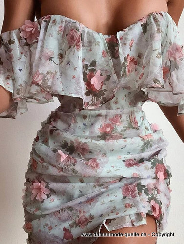 Schulterfreies Chiffon Minikleid mit Stereo Blumen