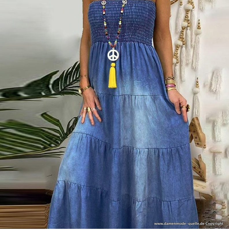 Schulterfreies Jeans Sommerkleid Lang