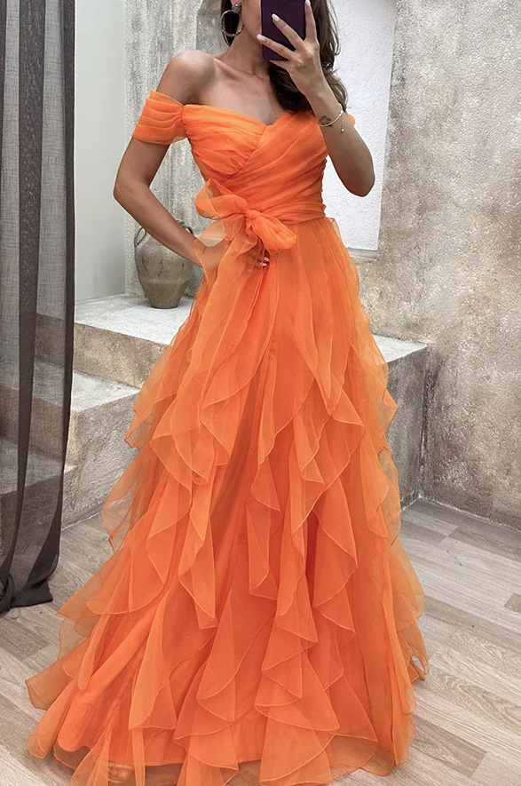 Schulterfreies Maxi Abendkleid Elegant in Orange mit Raffungen