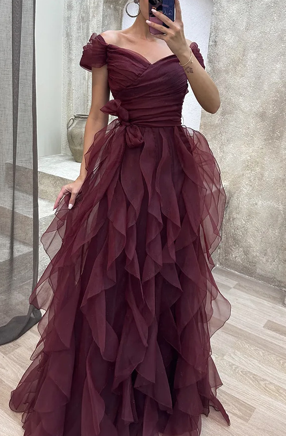 Schulterfreies Maxi Abendkleid Elegant in Weinrot mit Raffungen