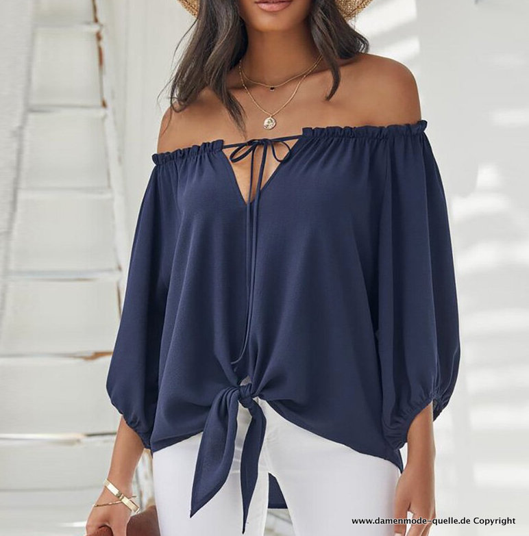 Schulterfreies Sommer Chiffon Bluse in Marineblau