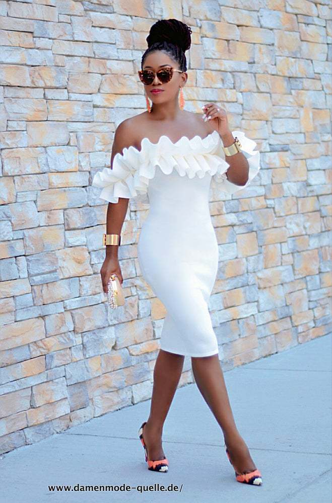 Schulterfreies Sommer Rüschenkleid Weiß