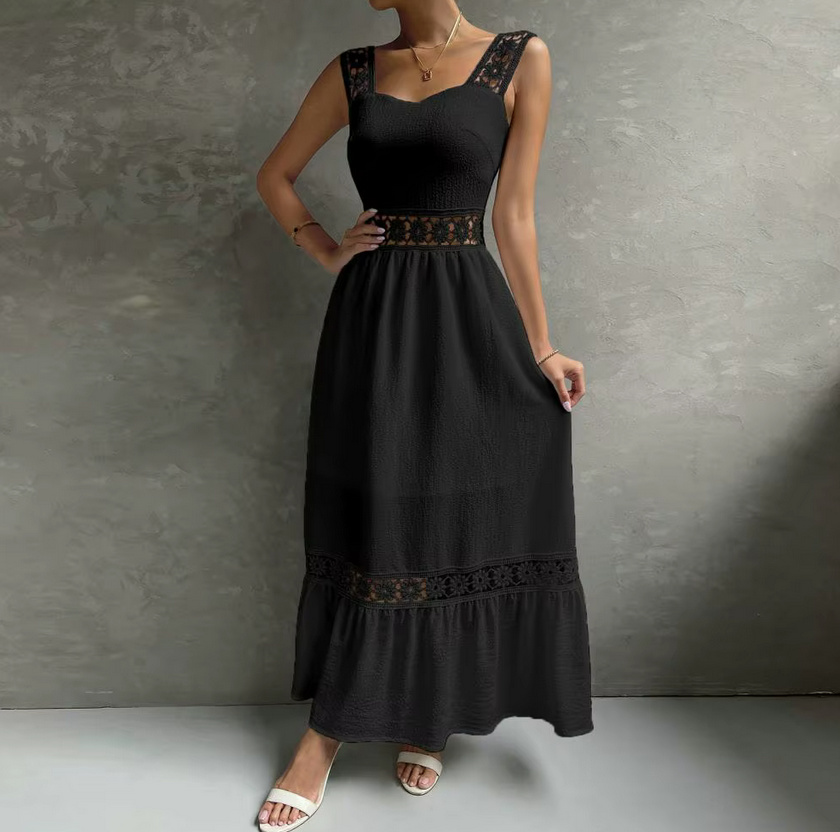 Schwarzes Boho Sommerkleid 2025 Knöchellang mit Spitze