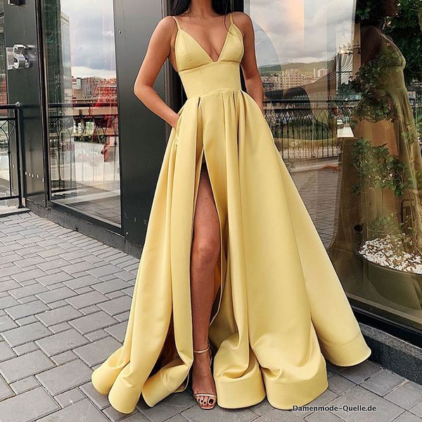 Sexy A-Linie Kleid Langes Kleid Damen Einfarbig mit Tiefem-V Ausschnitt Gelb